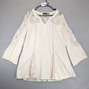 Nordstrom Blu Pepper Women's M Ivory Lace Crepe Tunic Top, Flare Sleeves, Boho